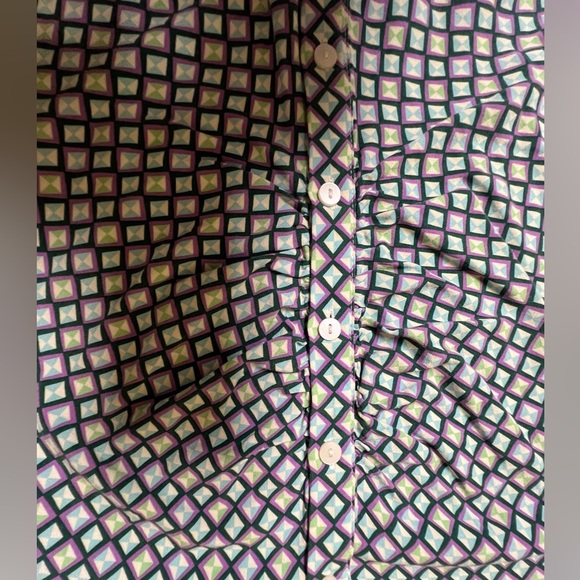 BERSHKA GEOMETRIC PATTERN BUTTON-UP SHIRT. SIZE SMALL PURPLE/DARK GREEN/LT GREEN - Picture 5 of 8